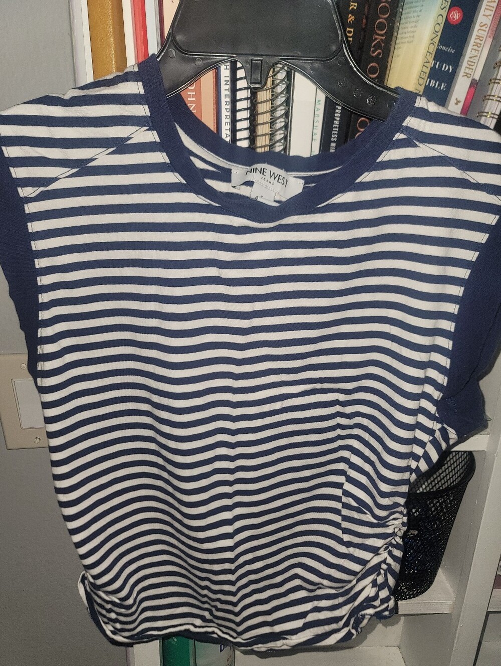 Nine West Navy & White Striped Short Sleeve Tee